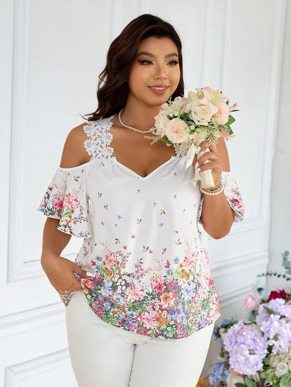 Frenchy Plus Size Women Floral Print Open Shoulder Loose Vacation Blouse Wedding Guest White Summer Elegant