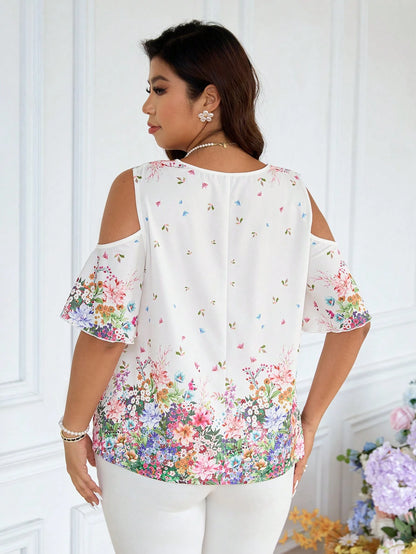Frenchy Plus Size Women Floral Print Open Shoulder Loose Vacation Blouse Wedding Guest White Summer Elegant