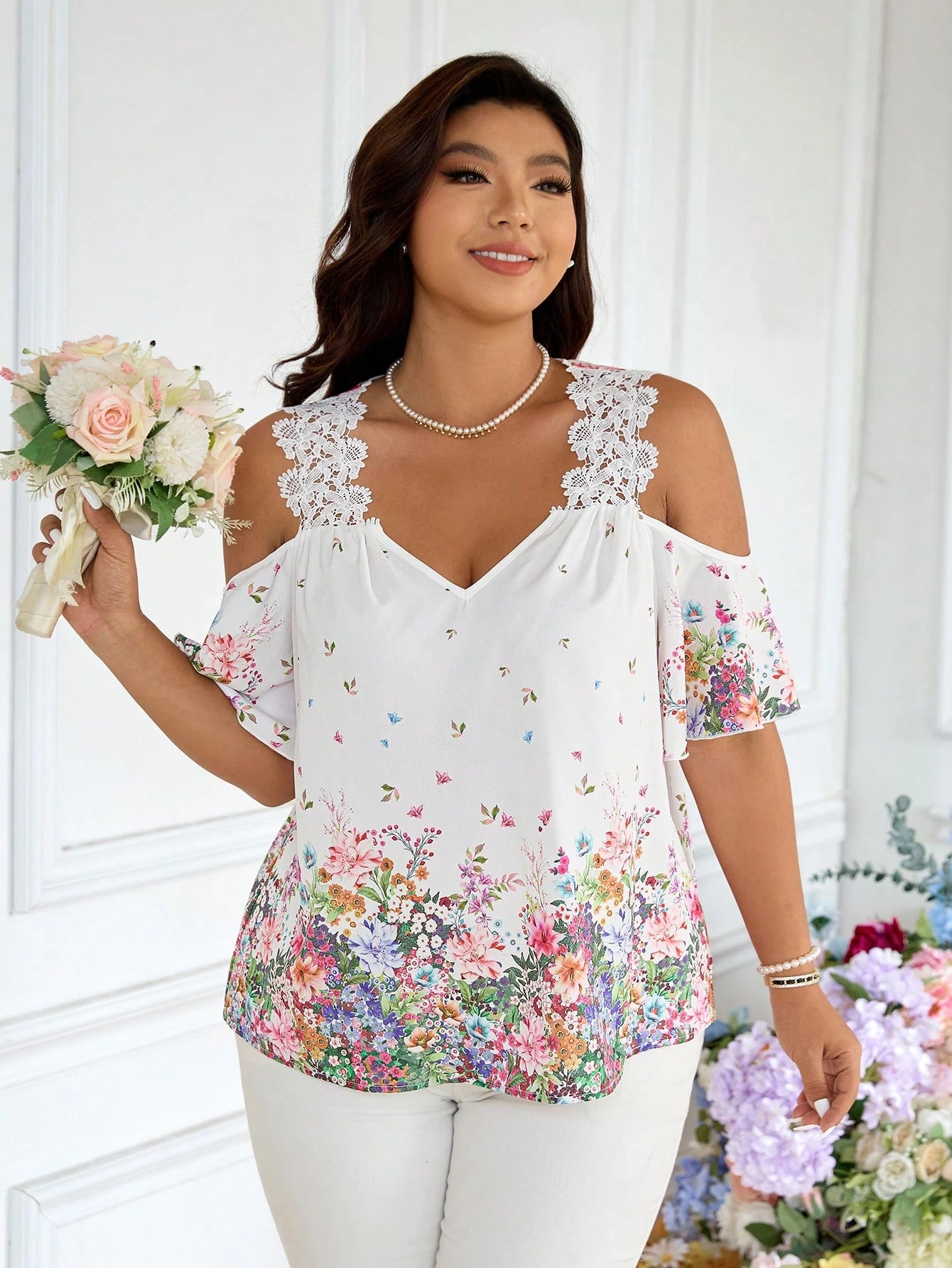 Frenchy Plus Size Women Floral Print Open Shoulder Loose Vacation Blouse Wedding Guest White Summer Elegant