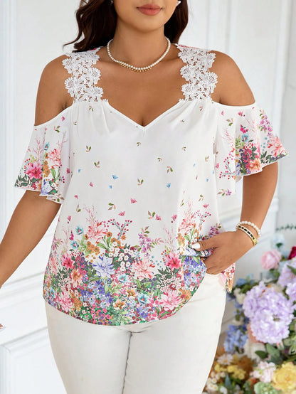 Frenchy Plus Size Women Floral Print Open Shoulder Loose Vacation Blouse Wedding Guest White Summer Elegant
