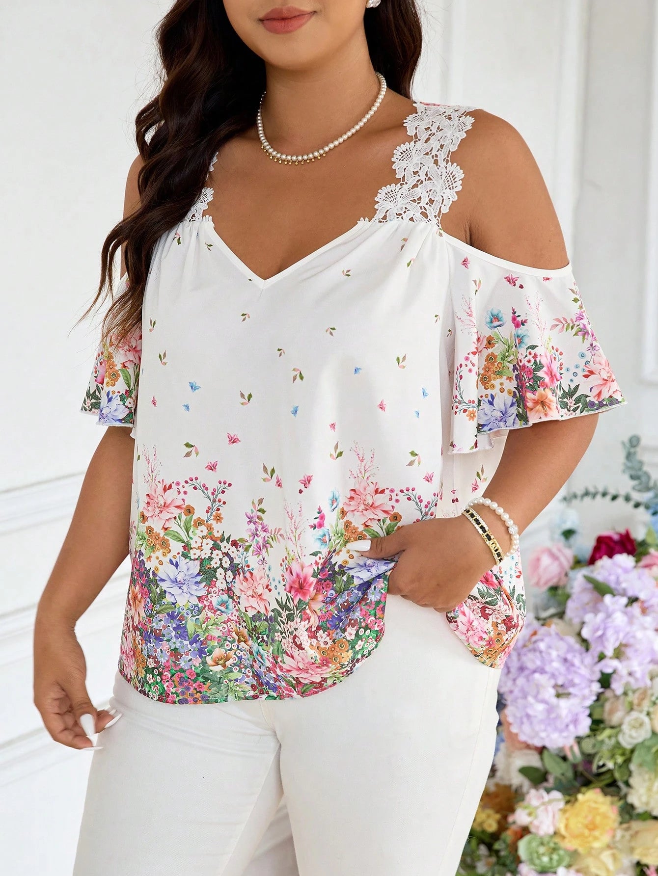 Frenchy Plus Size Women Floral Print Open Shoulder Loose Vacation Blouse Wedding Guest White Summer Elegant