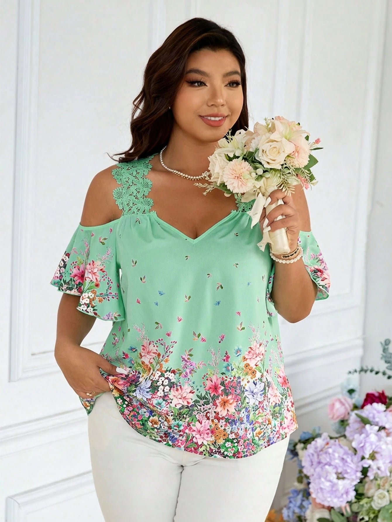 Frenchy Plus Size Women Floral Print Open Shoulder Loose Vacation Blouse Wedding Guest White Summer Elegant