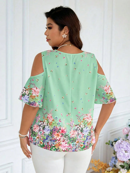 Frenchy Plus Size Women Floral Print Open Shoulder Loose Vacation Blouse Wedding Guest White Summer Elegant