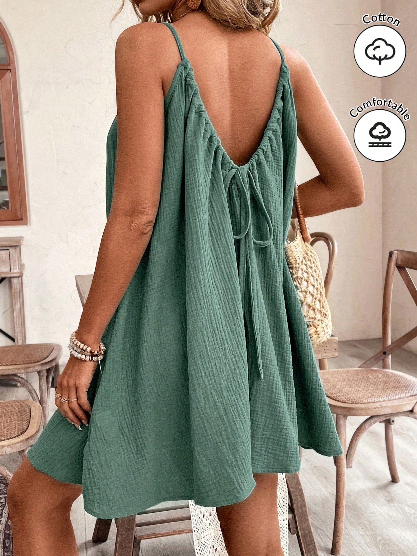Frenchy Summer Women's Cami Boho Sundress, Essential, Summer Outfit, Wedding Season Essential, Cottagecore Drawstring Dress Dress Sundress Women Cotton Dress