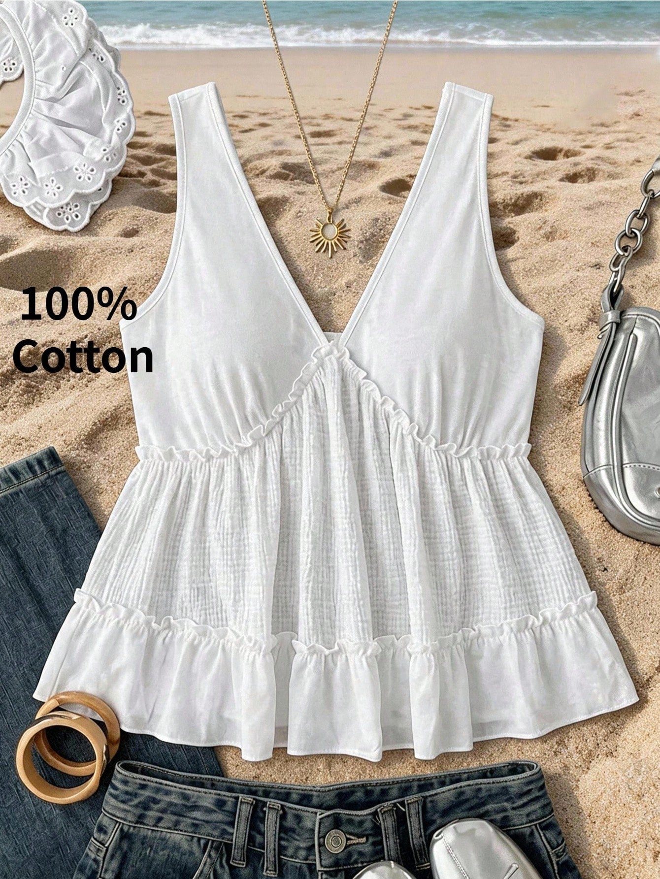 Frenchy Women'S Plus-Size Stylish V-Neck Color-Block White Camisole Cotton Peplum Top Suitable For Casual Boho Workwear Beach Vacation Beach Vacation Summer