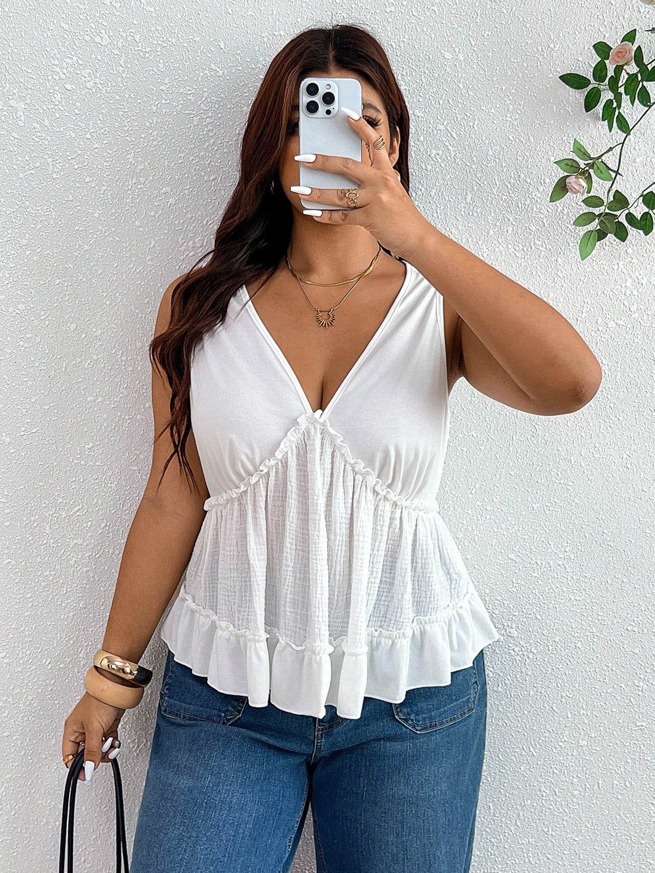 Frenchy Women'S Plus-Size Stylish V-Neck Color-Block White Camisole Cotton Peplum Top Suitable For Casual Boho Workwear Beach Vacation Beach Vacation Summer