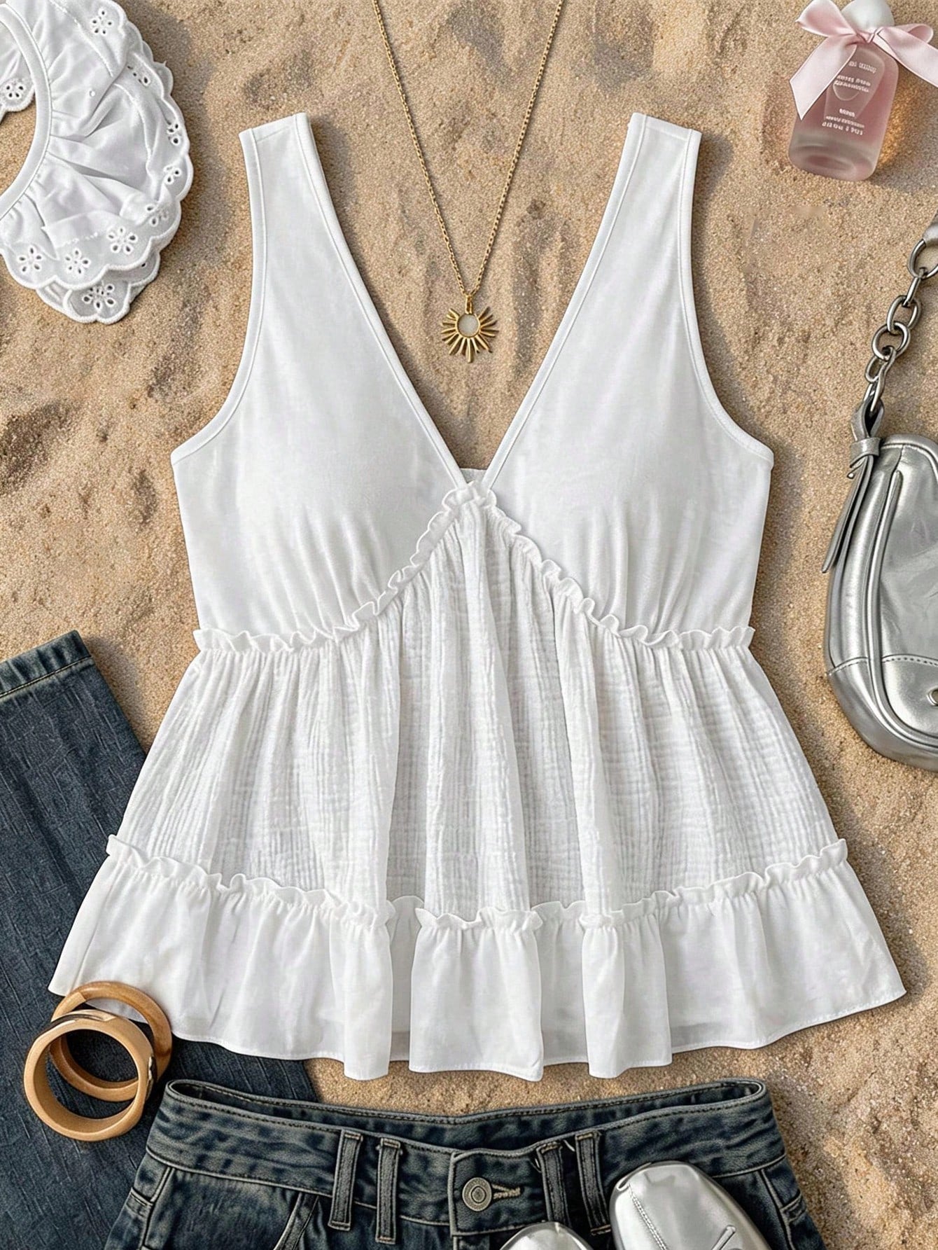 Frenchy Women'S Plus-Size Stylish V-Neck Color-Block White Camisole Cotton Peplum Top Suitable For Casual Boho Workwear Beach Vacation Beach Vacation Summer
