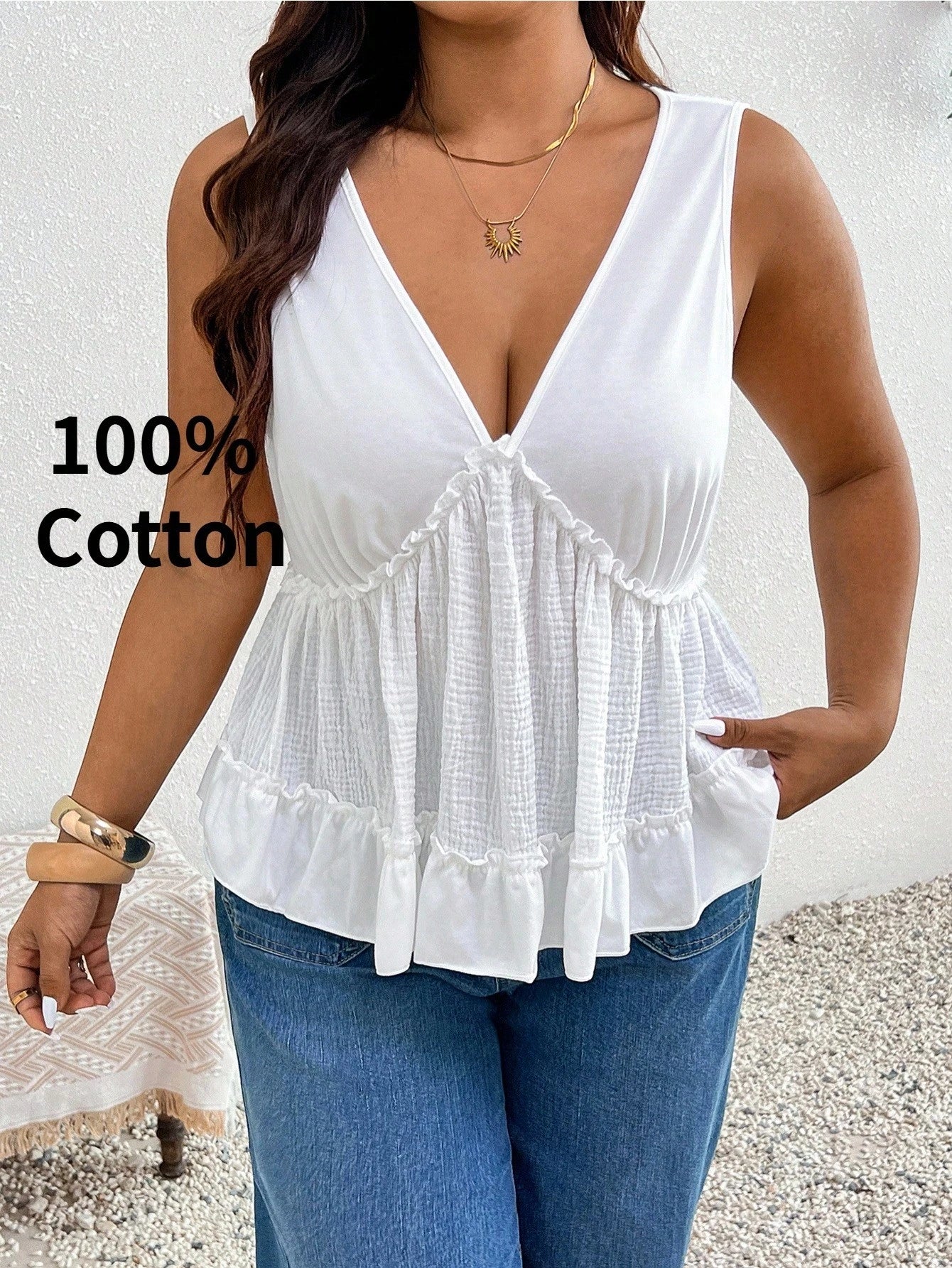 Frenchy Women'S Plus-Size Stylish V-Neck Color-Block White Camisole Cotton Peplum Top Suitable For Casual Boho Workwear Beach Vacation Beach Vacation Summer