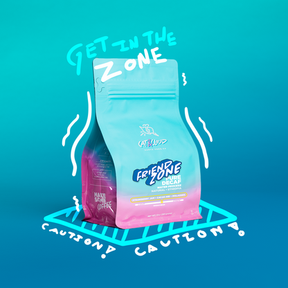 Cat & Cloud Friend Zone Pure Decaf single origin Ethiopian coffee bag with teal packaging and white artwork