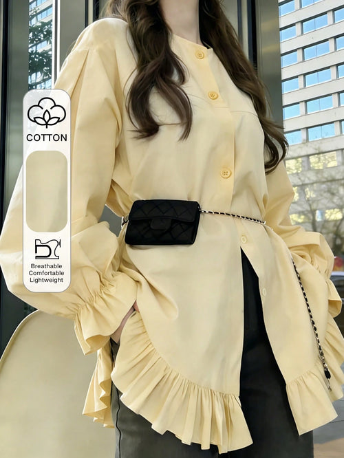 FRIFUL Women's Casual/Office Commute Solid Color Ruffle Sleeve Single-Breasted Shirt, Excluding Waist Bag Thin Clothing
