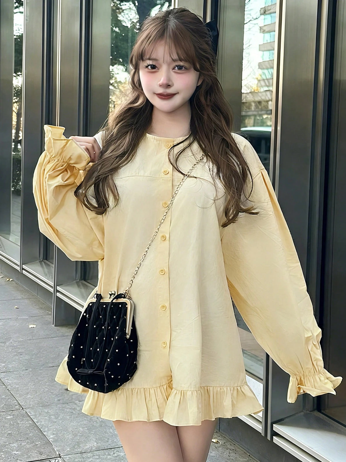 FRIFUL Women's Casual/Office Commute Solid Color Ruffle Sleeve Single-Breasted Shirt, Excluding Waist Bag Thin Clothing