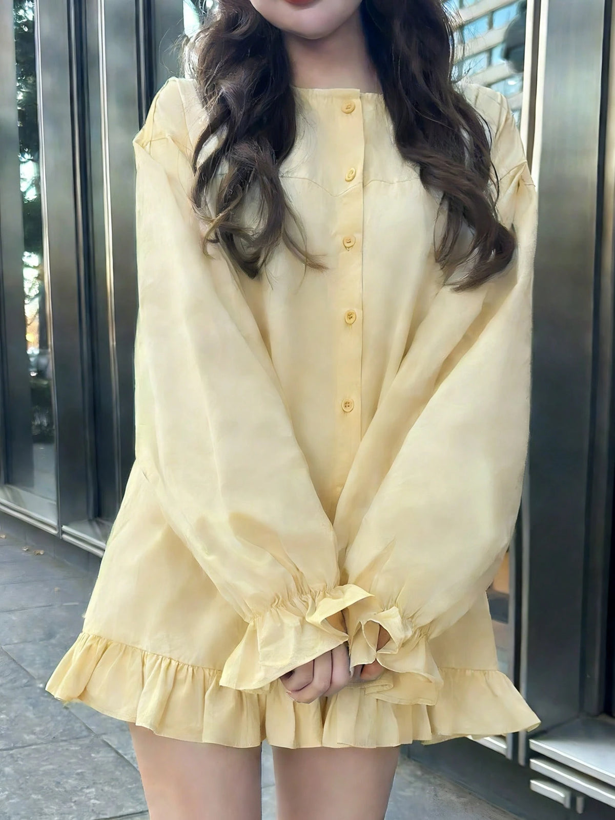 FRIFUL Women's Casual/Office Commute Solid Color Ruffle Sleeve Single-Breasted Shirt, Excluding Waist Bag Thin Clothing