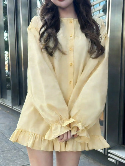 FRIFUL Women's Casual/Office Commute Solid Color Ruffle Sleeve Single-Breasted Shirt, Excluding Waist Bag Thin Clothing