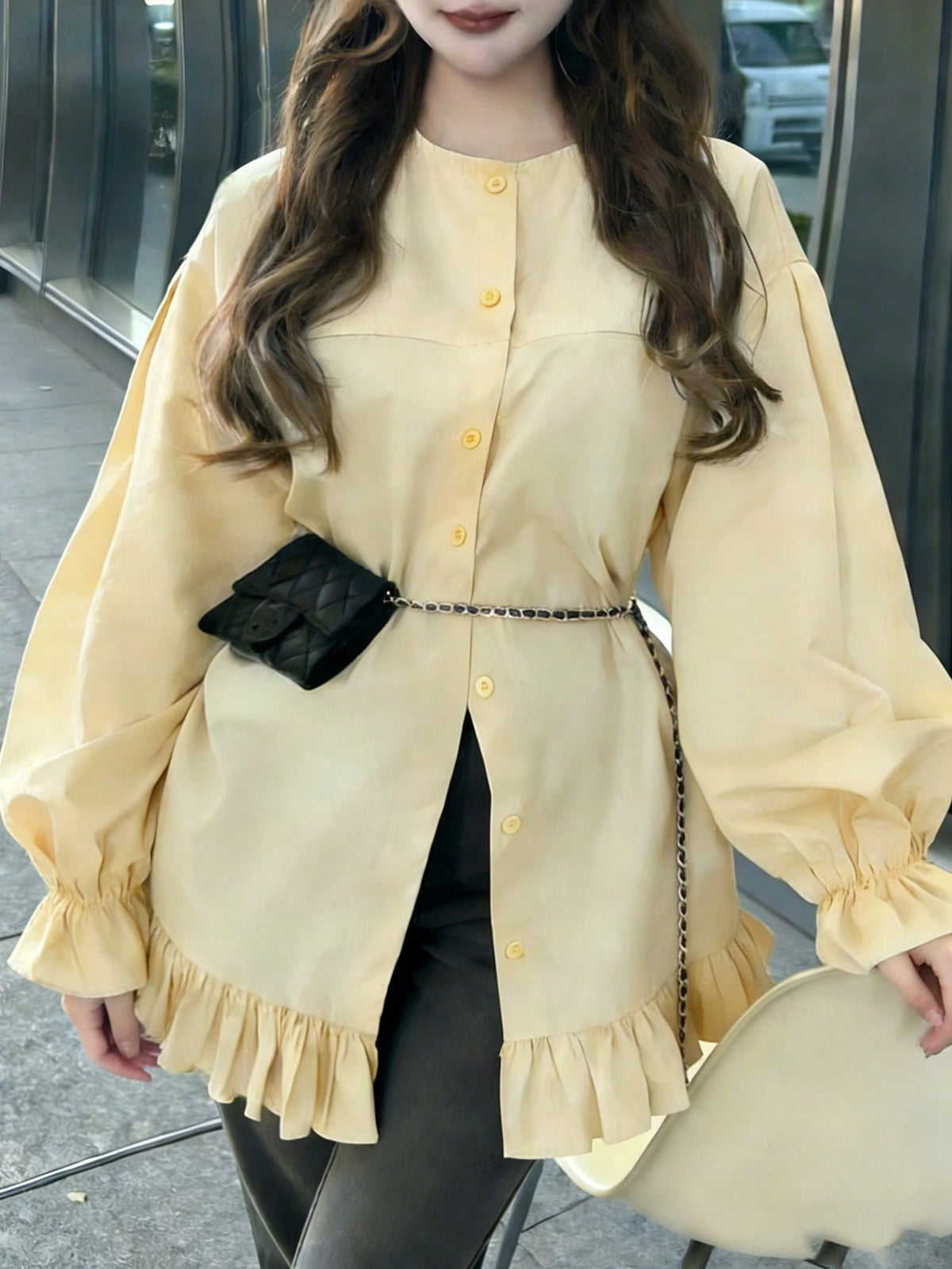 FRIFUL Women's Casual/Office Commute Solid Color Ruffle Sleeve Single-Breasted Shirt, Excluding Waist Bag Thin Clothing