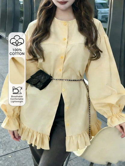 FRIFUL Women's Casual/Office Commute Solid Color Ruffle Sleeve Single-Breasted Shirt, Excluding Waist Bag Thin Clothing