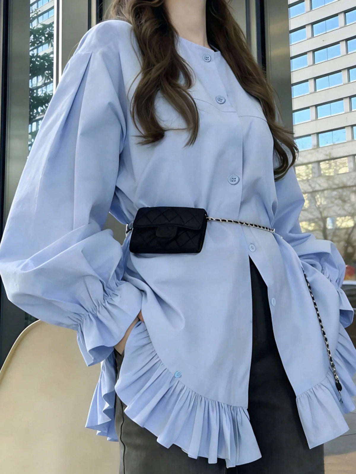 FRIFUL Women's Casual/Office Commute Solid Color Ruffle Sleeve Single-Breasted Shirt, Excluding Waist Bag Thin Clothing