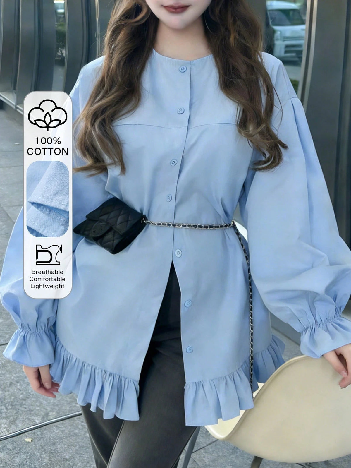 FRIFUL Women's Casual/Office Commute Solid Color Ruffle Sleeve Single-Breasted Shirt, Excluding Waist Bag Thin Clothing