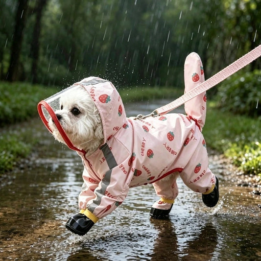 Fruit Series Waterproof Dog Raincoat Set, Includes 1pc Raincoat And Waterproof Leash, Multiple Colors Available, Windproof And Fully Waterproof, Full Coverage Design, With Special Buckles, Anti-Slip R