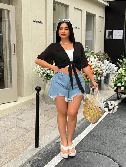 GalTyme Plus Size Black Sheer Lightweight Jacket, Minimalist Sexy Style Suitable For Summer Vacation