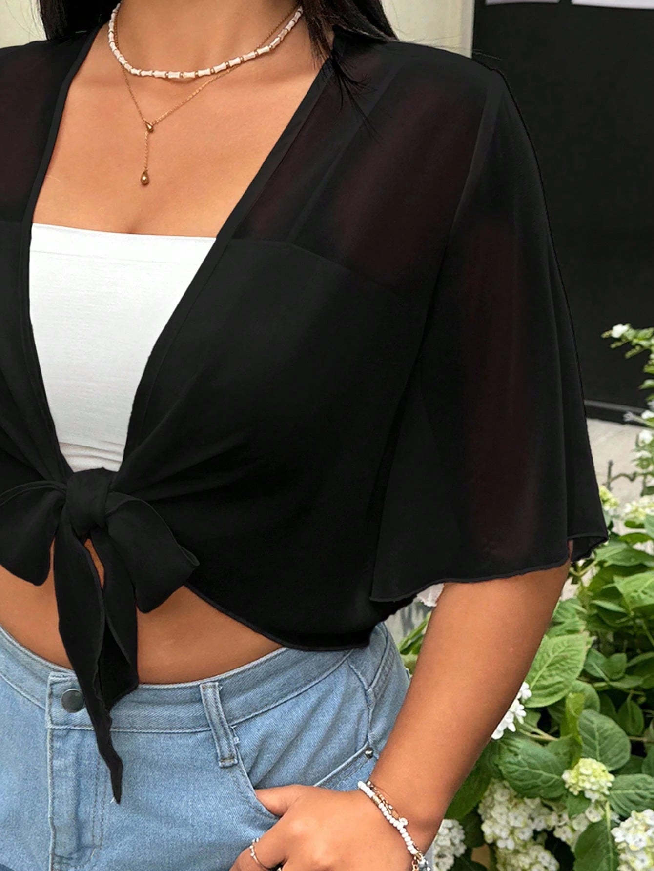 GalTyme Plus Size Black Sheer Lightweight Jacket, Minimalist Sexy Style Suitable For Summer Vacation