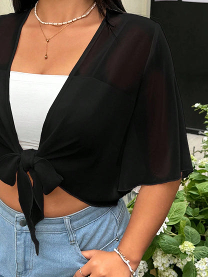 GalTyme Plus Size Black Sheer Lightweight Jacket, Minimalist Sexy Style Suitable For Summer Vacation