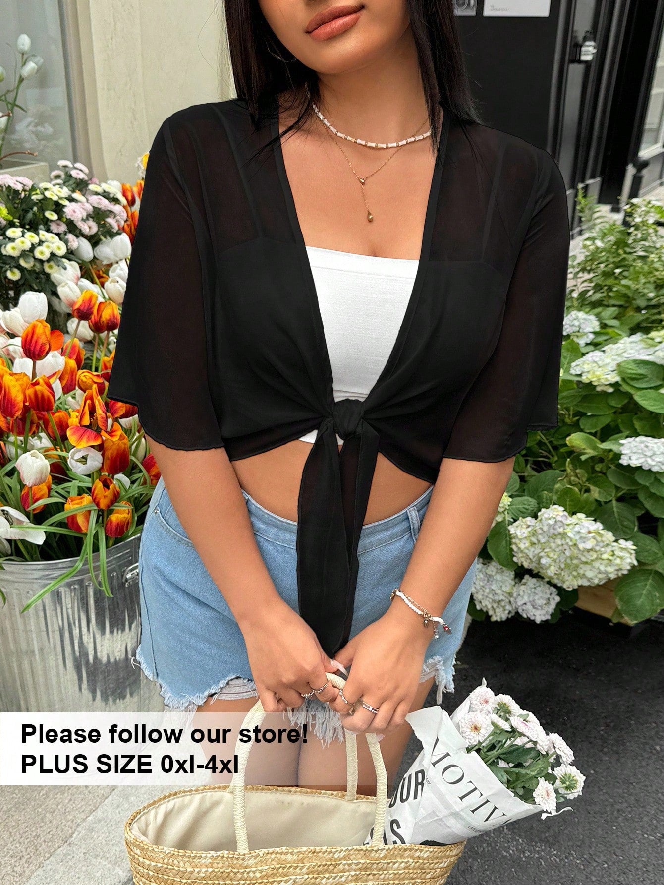 GalTyme Plus Size Black Sheer Lightweight Jacket, Minimalist Sexy Style Suitable For Summer Vacation