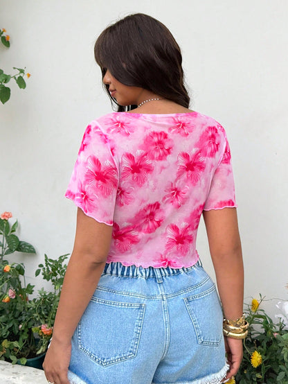 GalTyme Plus Size Women Pink Floral Slit Blouse, Summer Night Out Vacation Club Holiday Casual Daily Commute Party Christmas Thanksgiving Wedding Beach Y2k