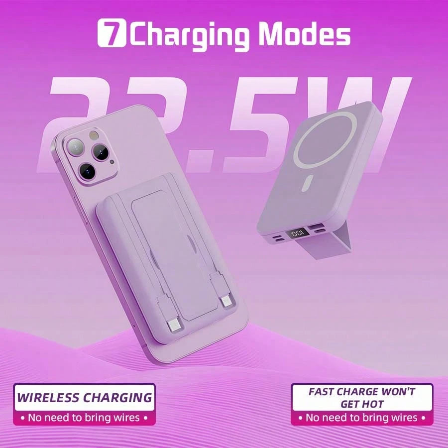 GAWFOLK [10000mAh Purple Portable Charger & Power Bank]2026 Ultra-Slim Magnetic Wireless Fast Charger With Built-In Cables & Stand| Magsafe Power Bank For IPhones 16/15/14/13 Pro, Android| USB-C PD