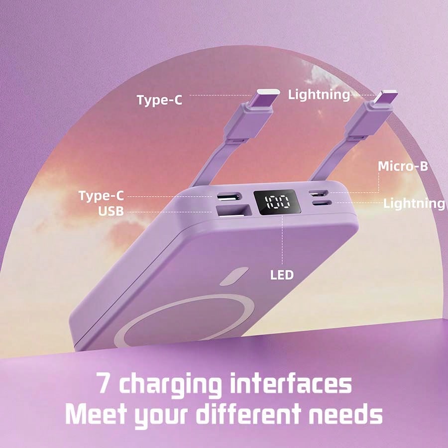 GAWFOLK [10000mAh Purple Portable Charger & Power Bank]2026 Ultra-Slim Magnetic Wireless Fast Charger With Built-In Cables & Stand| Magsafe Power Bank For IPhones 16/15/14/13 Pro, Android| USB-C PD