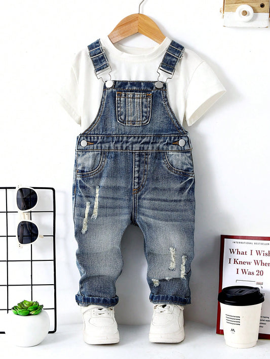 Genkimix Kids Baby Boy Casual Everyday Commute Fashion Street Ripped Denim Bib Pants (T-Shirt Not Included)