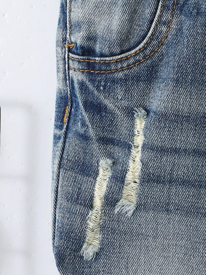 Genkimix Kids Baby Boy Casual Everyday Commute Fashion Street Ripped Denim Bib Pants (T-Shirt Not Included)