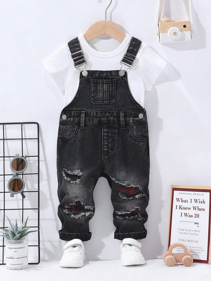 Genkimix Kids Baby Boy Casual Everyday Commute Fashion Street Ripped Denim Bib Pants (T-Shirt Not Included)