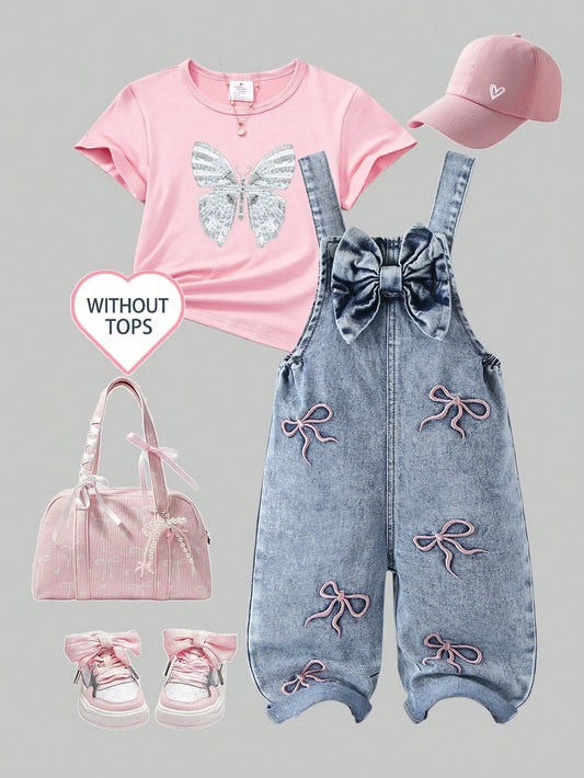 Genkimix Kids Baby Girls' Cute Vintage Denim Bib Pants,Pink Embroidered Bow Design,Summer Graphic Retro Washed Light Blue Loose Straight Leg,Back-To-School Vacation
