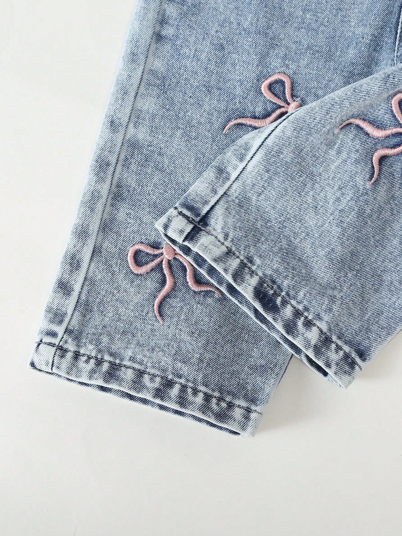 Genkimix Kids Baby Girls' Cute Vintage Denim Bib Pants,Pink Embroidered Bow Design,Summer Graphic Retro Washed Light Blue Loose Straight Leg,Back-To-School Vacation