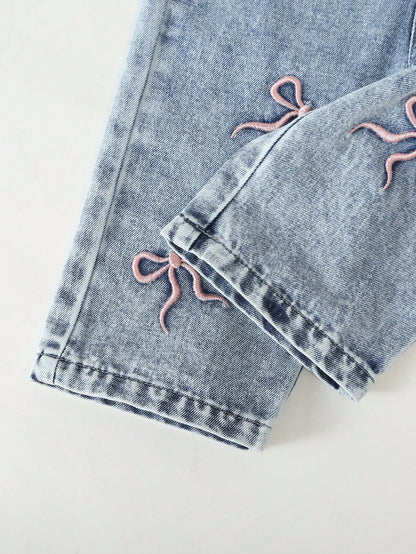 Genkimix Kids Baby Girls' Cute Vintage Denim Bib Pants,Pink Embroidered Bow Design,Summer Graphic Retro Washed Light Blue Loose Straight Leg,Back-To-School Vacation