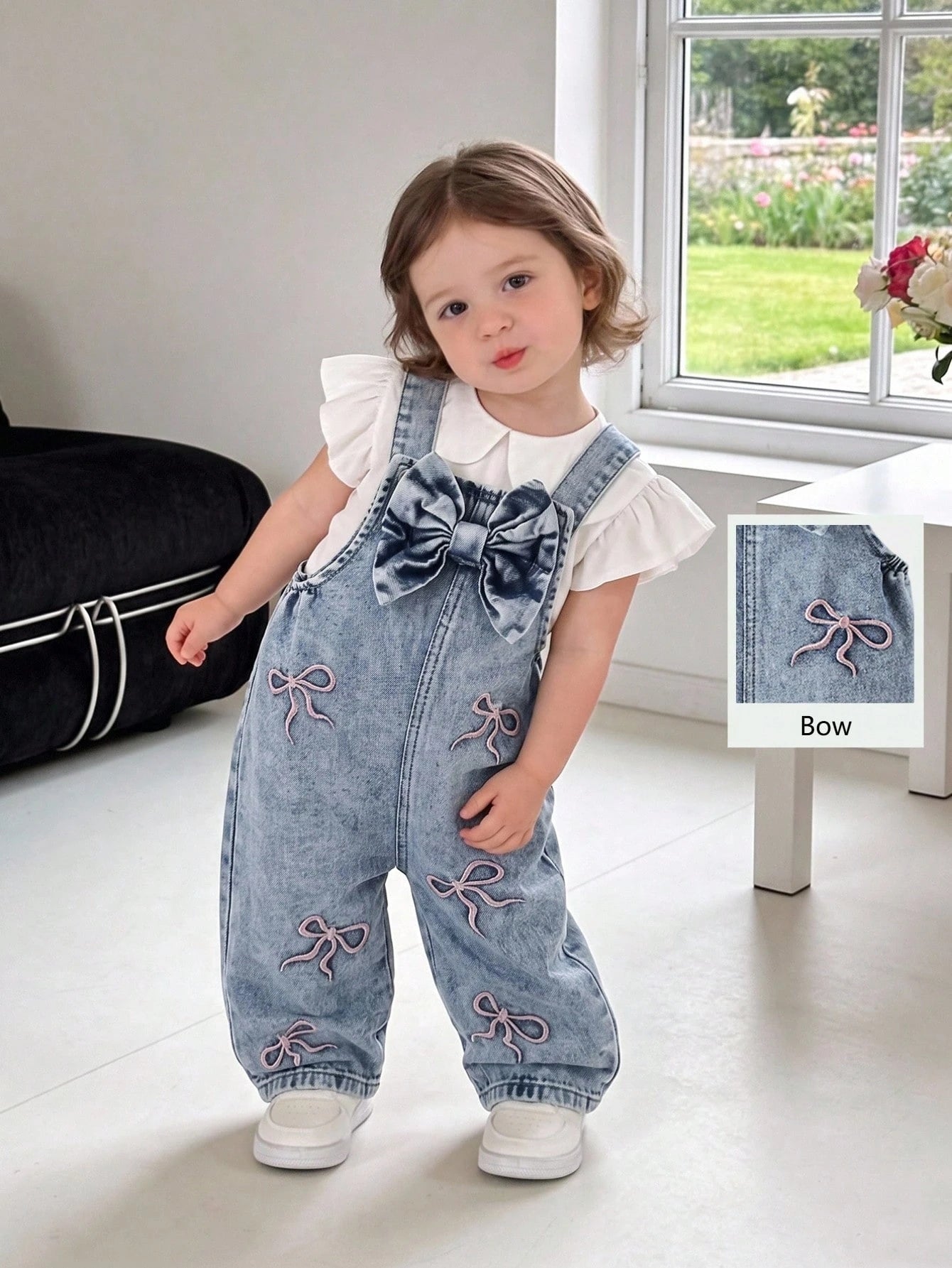 Genkimix Kids Baby Girls' Cute Vintage Denim Bib Pants,Pink Embroidered Bow Design,Summer Graphic Retro Washed Light Blue Loose Straight Leg,Back-To-School Vacation