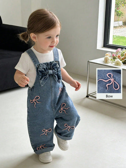 Genkimix Kids Baby Girls' Cute Vintage Denim Bib Pants,Pink Embroidered Bow Design,Summer Graphic Retro Washed Light Blue Loose Straight Leg,Back-To-School Vacation
