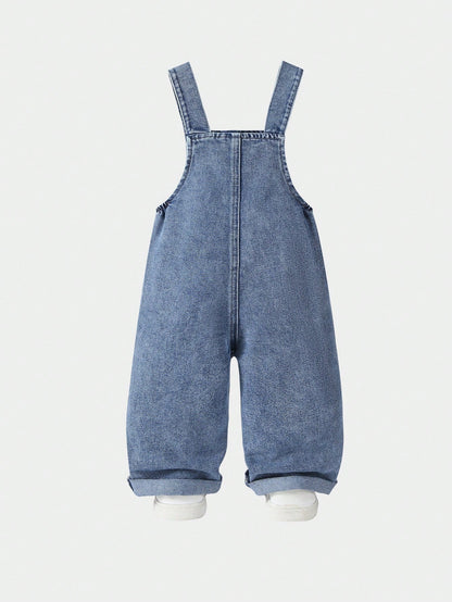 Genkimix Kids Baby Girls' Cute Vintage Denim Bib Pants,Pink Embroidered Bow Design,Summer Graphic Retro Washed Light Blue Loose Straight Leg,Back-To-School Vacation