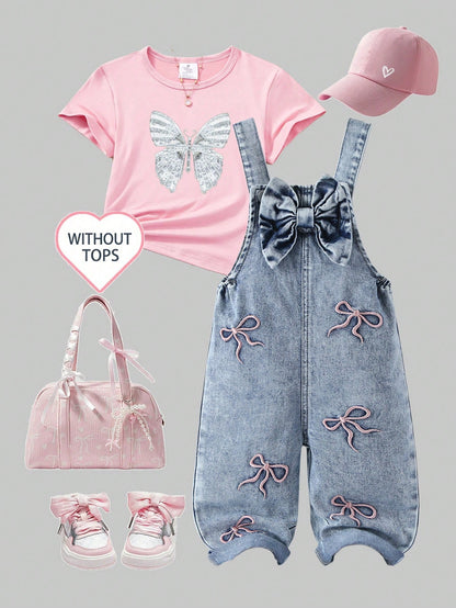 Genkimix Kids Baby Girls' Cute Vintage Denim Bib Pants,Pink Embroidered Bow Design,Summer Graphic Retro Washed Light Blue Loose Straight Leg,Back-To-School Vacation