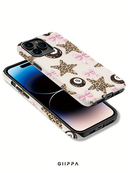 GIIPPA 1pc Apricot Base With Leopard Print Star Pattern Design, Phone 17 Pro Max Phone Case, Compatible With Phone 16 Pro Max, 15 Pro Max, 14 Pro Max, Korean Style High-End Fashion Fun Phone Case, Com