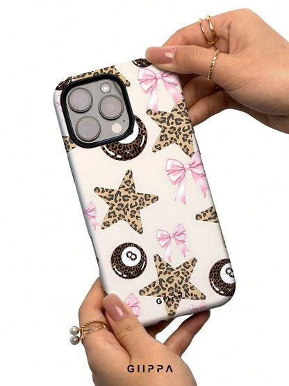 GIIPPA 1pc Apricot Base With Leopard Print Star Pattern Design, Phone 17 Pro Max Phone Case, Compatible With Phone 16 Pro Max, 15 Pro Max, 14 Pro Max, Korean Style High-End Fashion Fun Phone Case, Com