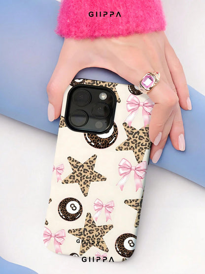 GIIPPA 1pc Apricot Base With Leopard Print Star Pattern Design, Phone 17 Pro Max Phone Case, Compatible With Phone 16 Pro Max, 15 Pro Max, 14 Pro Max, Korean Style High-End Fashion Fun Phone Case, Com