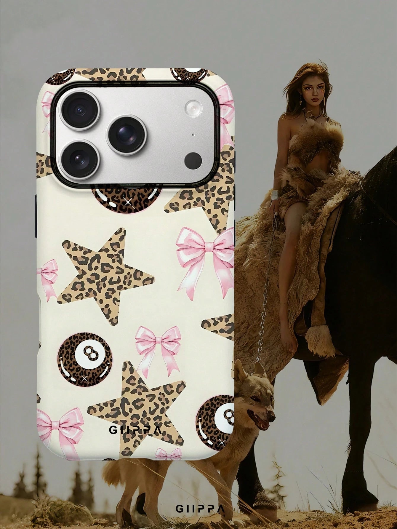 GIIPPA 1pc Apricot Base With Leopard Print Star Pattern Design, Phone 17 Pro Max Phone Case, Compatible With Phone 16 Pro Max, 15 Pro Max, 14 Pro Max, Korean Style High-End Fashion Fun Phone Case, Com