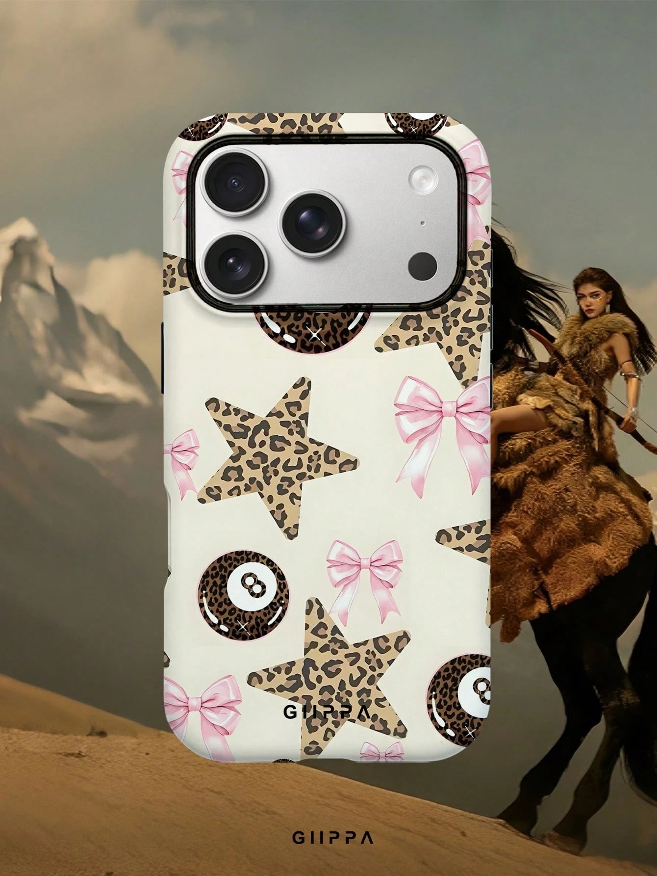 GIIPPA 1pc Apricot Base With Leopard Print Star Pattern Design, Phone 17 Pro Max Phone Case, Compatible With Phone 16 Pro Max, 15 Pro Max, 14 Pro Max, Korean Style High-End Fashion Fun Phone Case, Com