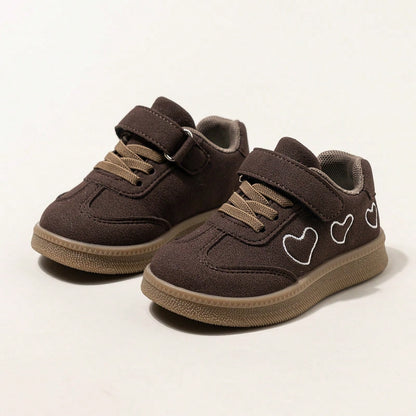 Girls' Heart Embroidery Sports Shoes With Hook And Loop, Vintage Rubber Sole Casual Shoes