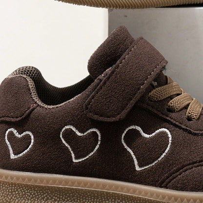 Girls' Heart Embroidery Sports Shoes With Hook And Loop, Vintage Rubber Sole Casual Shoes