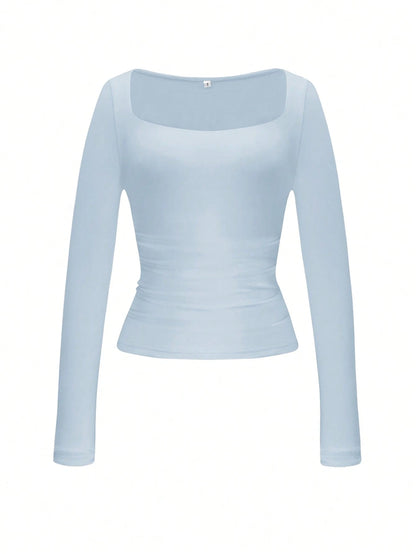 GLAMSKIN Women's Striped Sexy Slim Fit Long Sleeve Knit Top, Solid Color Square Neck Basic T-Shirt, Suitable For Autumn Outings, Daily Casual Streetwear, Back To School Season