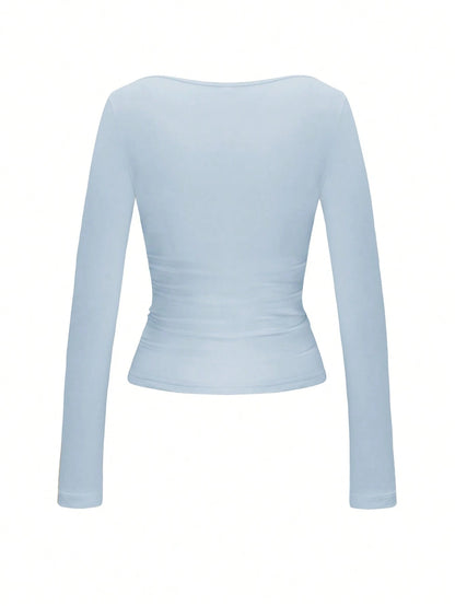 GLAMSKIN Women's Striped Sexy Slim Fit Long Sleeve Knit Top, Solid Color Square Neck Basic T-Shirt, Suitable For Autumn Outings, Daily Casual Streetwear, Back To School Season