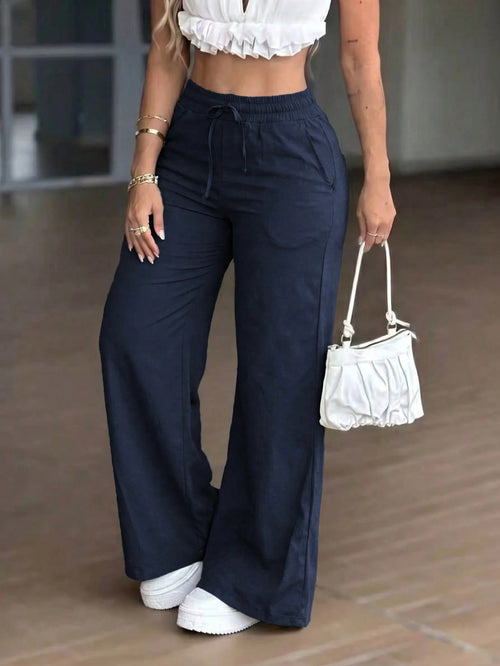 GLAMSKIN Women's Summer/Autumn Basic Solid Color Drawstring Linen-Style Wide Leg Pants, Loose Casual Long Pants, Suitable For Back To School, Beach Vacation And Daily Outings