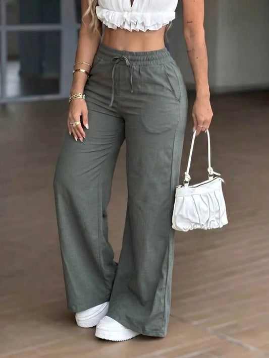 GLAMSKIN Women's Summer/Autumn Basic Solid Color Drawstring Linen-Style Wide Leg Pants, Loose Casual Long Pants, Suitable For Back To School, Beach Vacation And Daily Outings